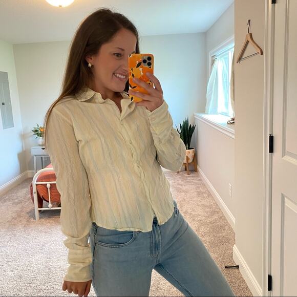 Johnny Cotton Pastel Yellow Blue Metallic Stripe Button Front Top Blouse 2 - Picture 9 of 14